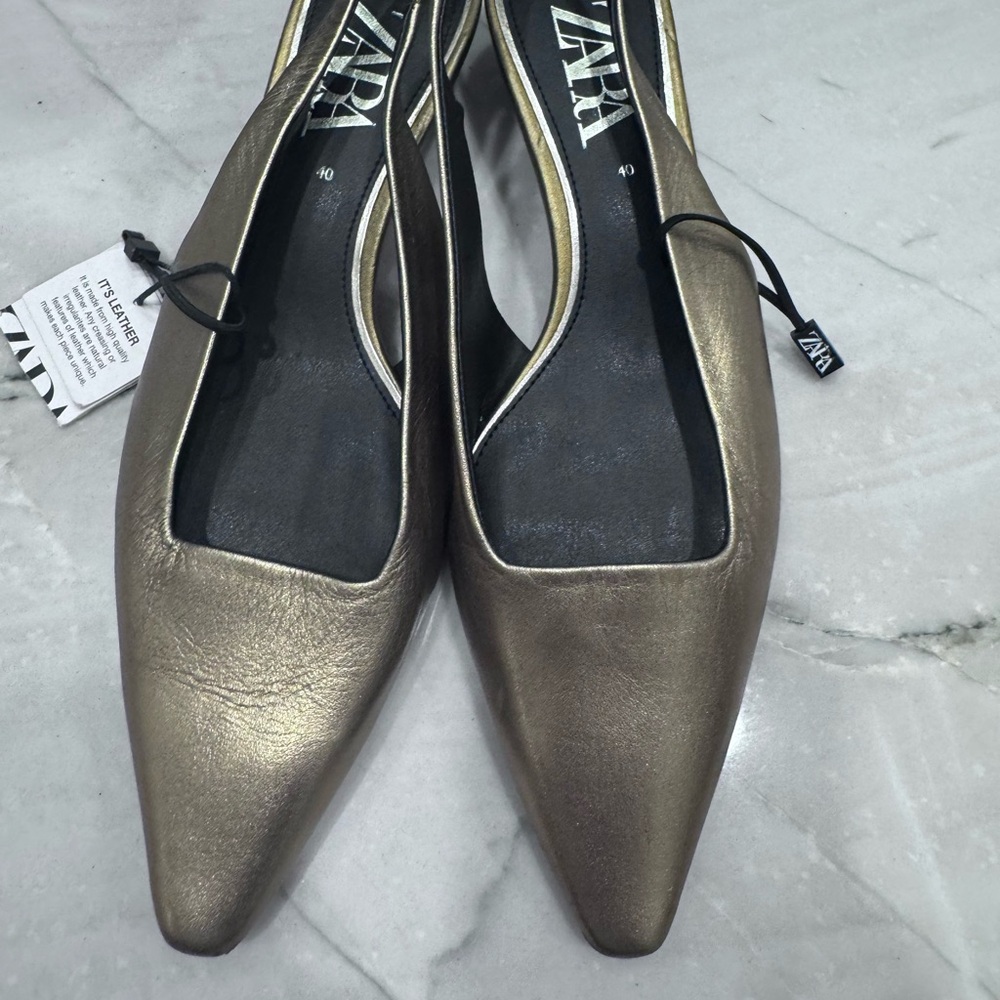 Zara kitten heels golden leather sling back shoes heels 9 40